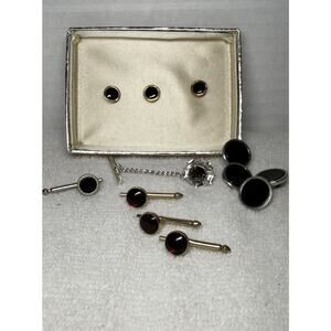 Swank Black & Ruby Cufflink Tuxedo Button Studs White Gold Plate w/Case VTG